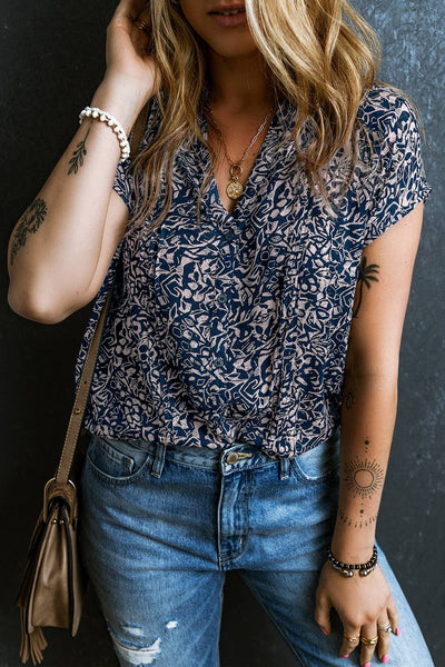 Blue Abstract Print Buttoned Blouse