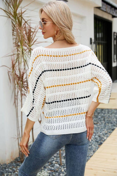 White Striped Hollow Out Knit Top