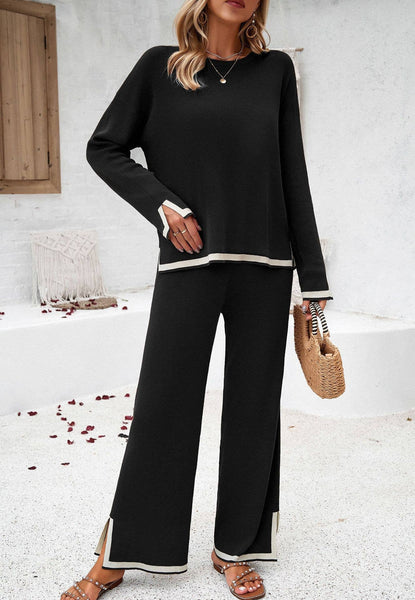 Contrast Trim Ribbed Knit Lounge Set