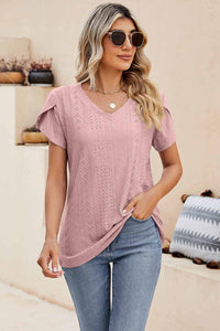 PUNCHING LACE TULIP PUFF V NECK TSHIRTS_CWTTS0500: MAUVE / (M) 1