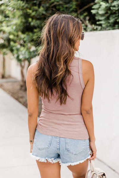 Buttoned Solid Color Ribbed Tank Top