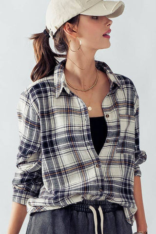 Navy and Cream Plaid Button Down Top