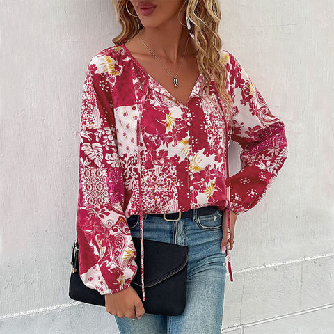 Floral Balloon Sleeve Buttoned Blouse