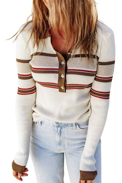 Ribbed Knitted Stripe Detail Henley Sweater