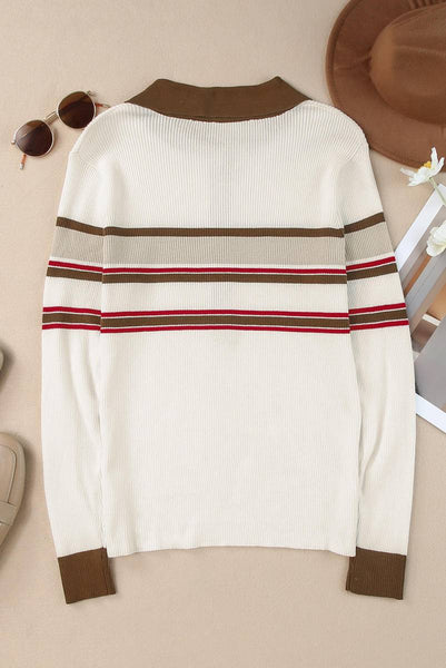 Ribbed Knitted Stripe Detail Henley Sweater