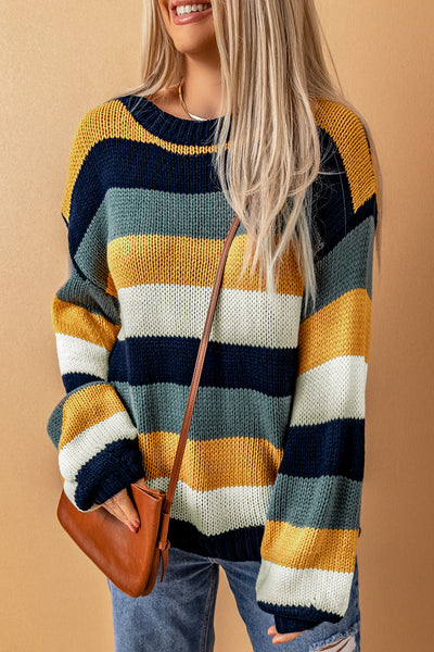 Striped Dropped Shoulder Knitted Pullover Sweater