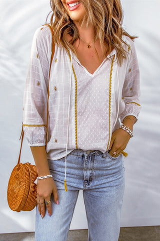 White Dotted Embroidered V Neck Blouse