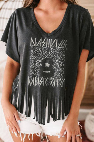 NASHVILLE MUSIC CITY Graphic Fringed T-Shirt