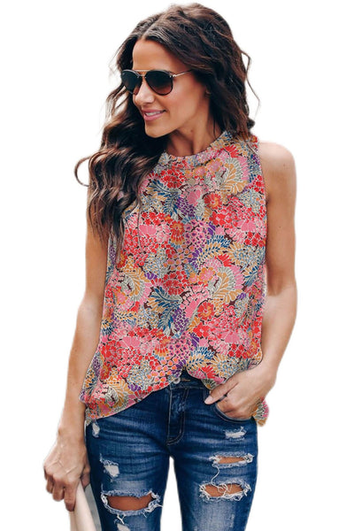 Floral Print Ruffle Stand Neck Tank Top