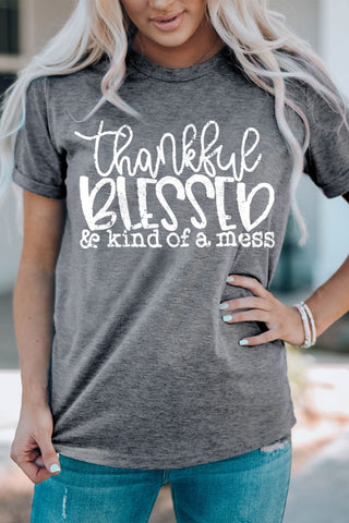 Gray BLESSED Letter Graphic Print Crew Neck T Shirt