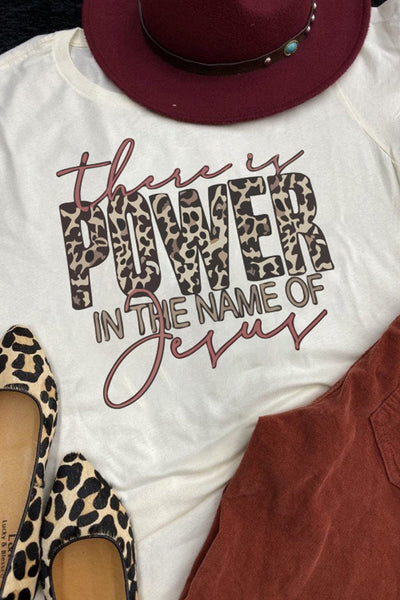 White This Is Power In The Name Of Jesus Leopard Letter Graphic Tee