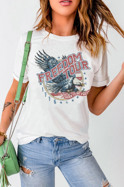 White FREEDOM TOUR Eagle Print Short Sleeve T Shirt