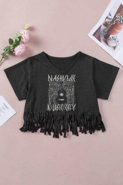 NASHVILLE MUSIC CITY Graphic Fringed T-Shirt