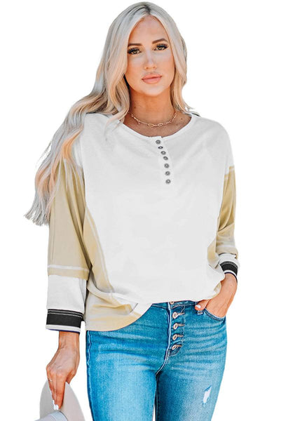 Round Neck Color Block Buttoned Henley Top