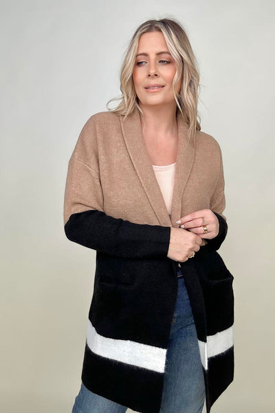 Latte Colorblock Cardigan With Patch Pockets