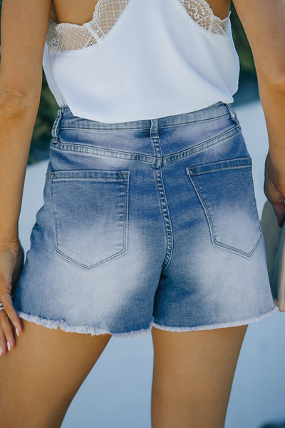 Frayed Hem Denim Shorts With Pockets