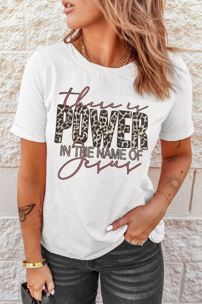 White This Is Power In The Name Of Jesus Leopard Letter Graphic Tee