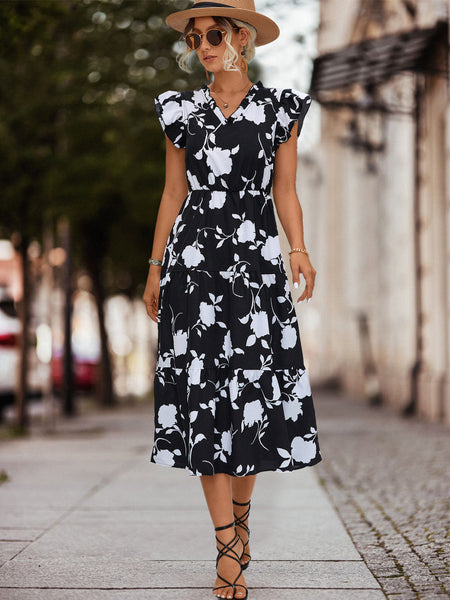 Floral V-neck Flare Sleeve Tiered Maxi Dress without Belt