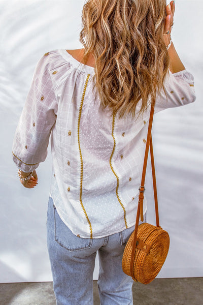 White Dotted Embroidered V Neck Blouse