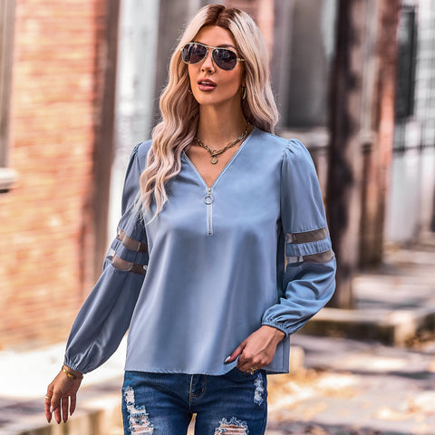 V-Neck Balloon Sleeve Solid Color Blouse With Zipper