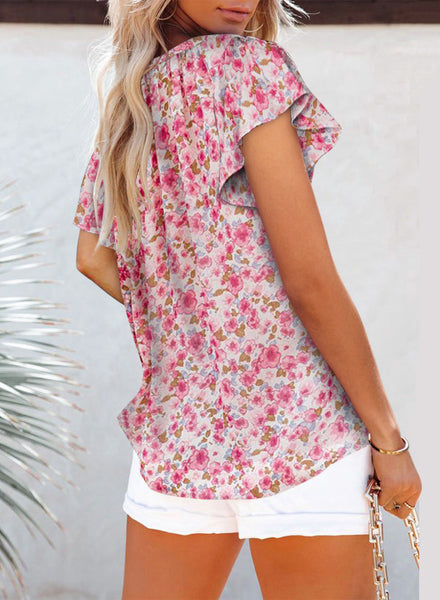 Casual Floral V-Neck Ruffle Sleeve Blouse