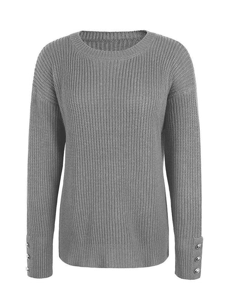 Round Neck Buttoned Cuffs Long Sleeve Knit Sweater