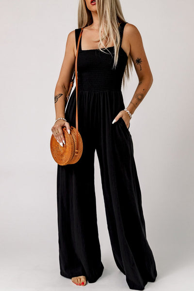 Smocked Sleeveless Wide Leg Jumpsuit With Pockets