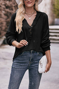 Black V Neck Buttoned Hoodie