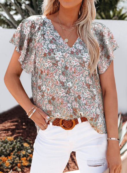 Casual Floral V-Neck Ruffle Sleeve Blouse