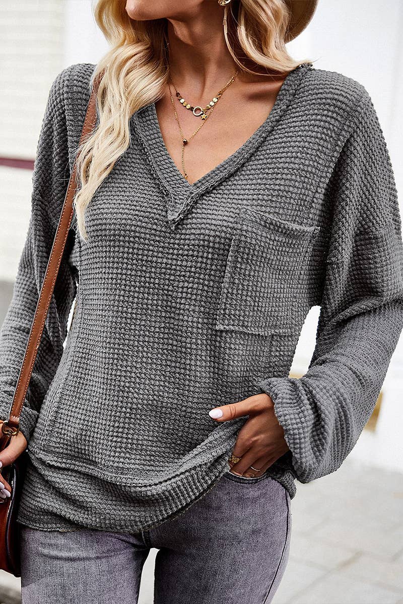 V Neck Waffle Long Sleeve Top