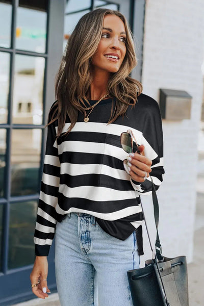 Striped Print Pocketed Long Sleeve Top With Slits