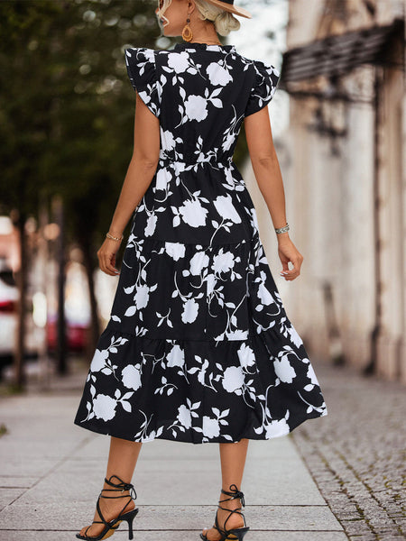 Floral V-neck Flare Sleeve Tiered Maxi Dress without Belt
