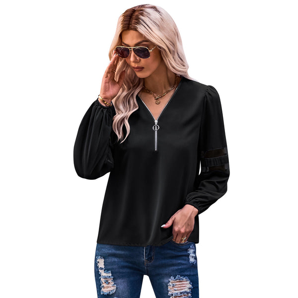 V-Neck Balloon Sleeve Solid Color Blouse With Zipper