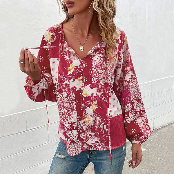 Floral Balloon Sleeve Buttoned Blouse