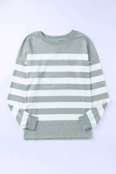 Striped Print Pocketed Long Sleeve Top With Slits