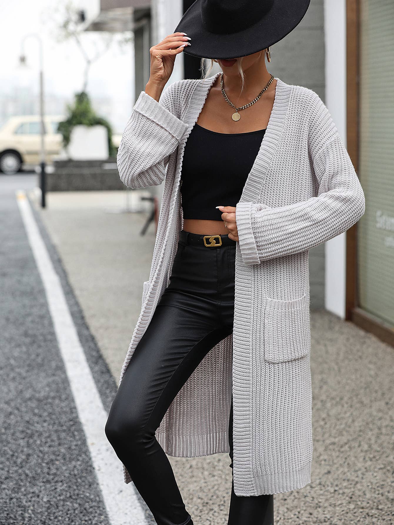 Grey Knit Long Open Cardigan