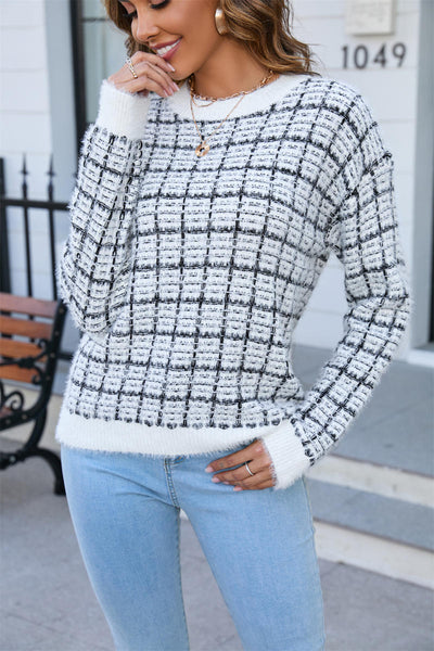 Casual Plaid Round Neck Sweater